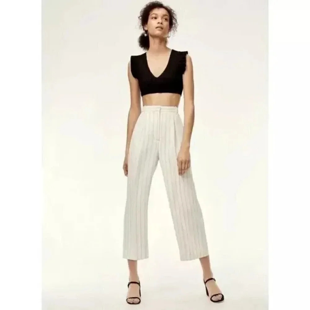 Aritzia Wilfred Talin Black White Striped Crepe Wide Leg Cropped Pants